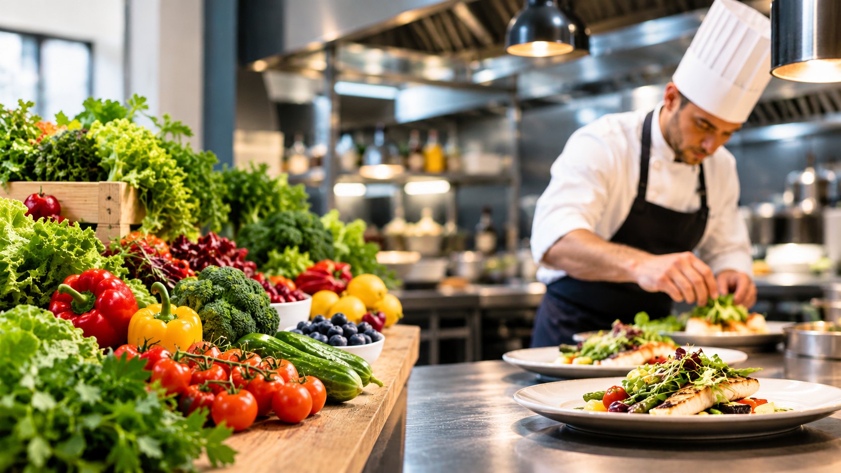 Chef preparing dishes with fresh vegetables in a professional kitchen