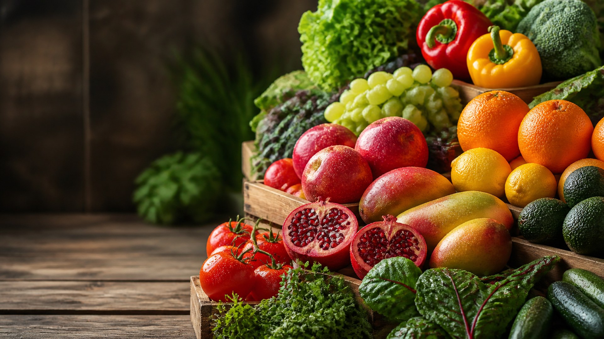 Fresh fruits and vegetables in wooden crates