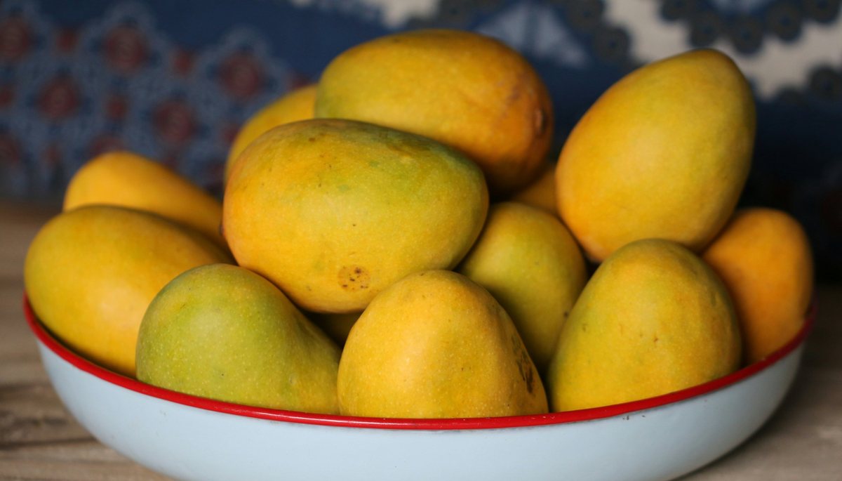 Ripe yellow mangoes in a bowl
