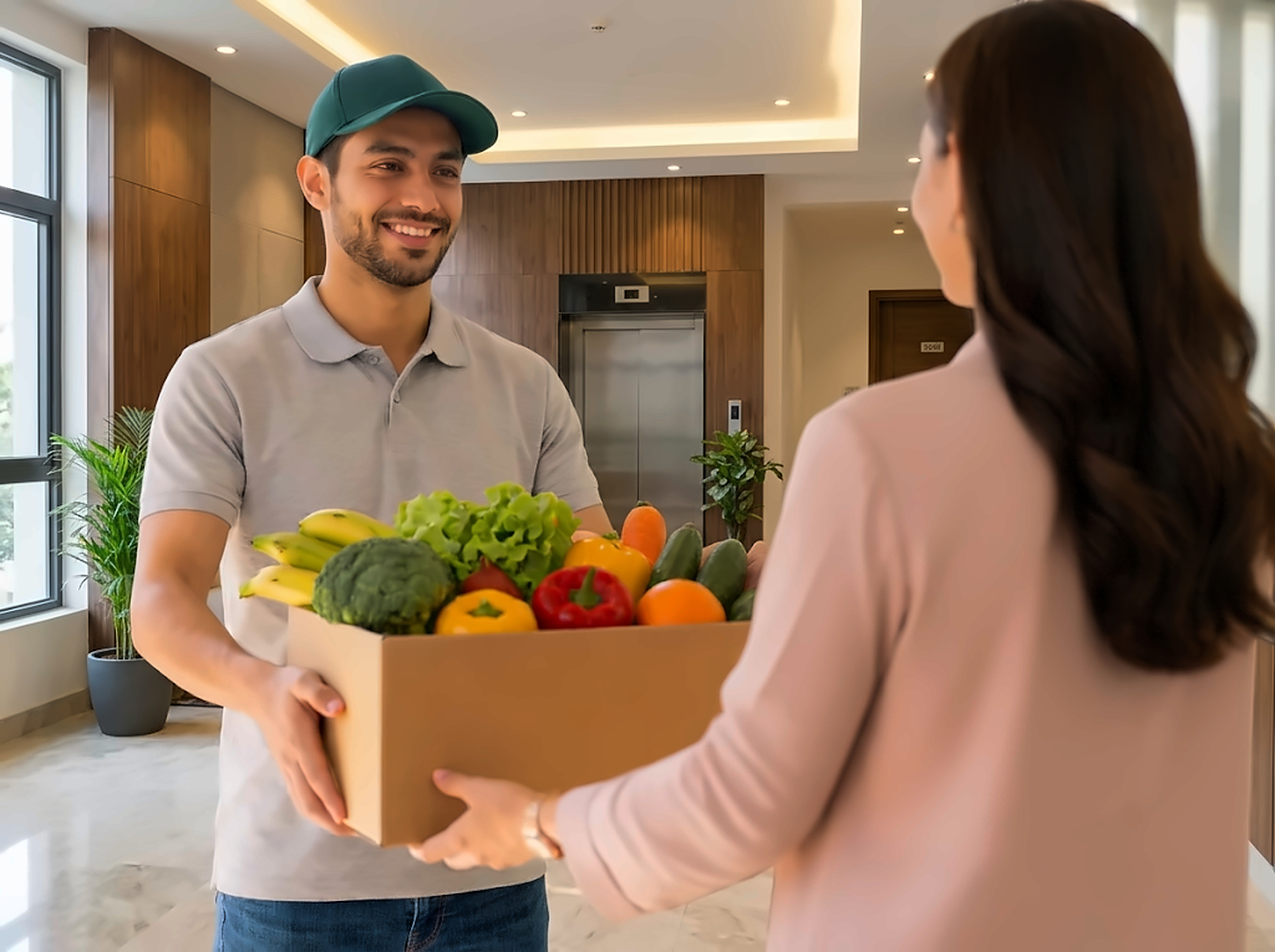 Delivery person handing a box of fresh fruits and vegetables to a customer